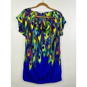 Trina Turk Dress Size 8 Blue Peacock Print 100% Silk Cap Sleeve Beach Vacation